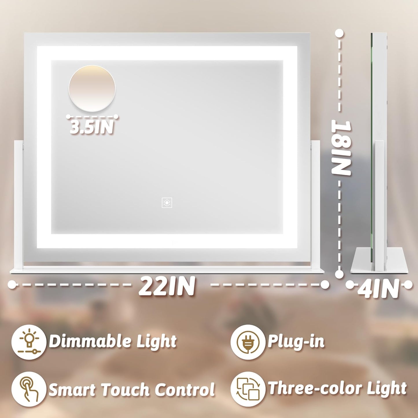 Vanity Mirror with Lights 22"x18", Lighted Makeup Mirror with 10X Magnification, Smart Touch 3 Colors Dimmable, 360° Rotation, Women Gift, Dresser Mount, Bathroom (White)