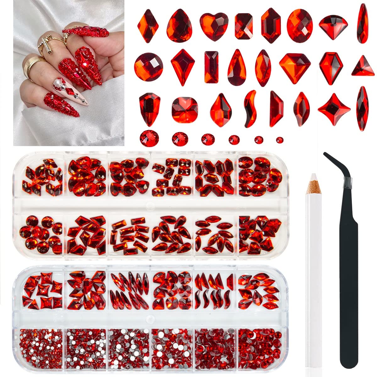 24 Styles Ruby Red Nail Rhinestones Multi-Shapes K9 Glass Flatback Siam Red Big Gems Round Beads Stones Diamonds Jewels Crystals Nail Art Charms for Nails Face Eyes Makeup Crafts Clothes Shoes