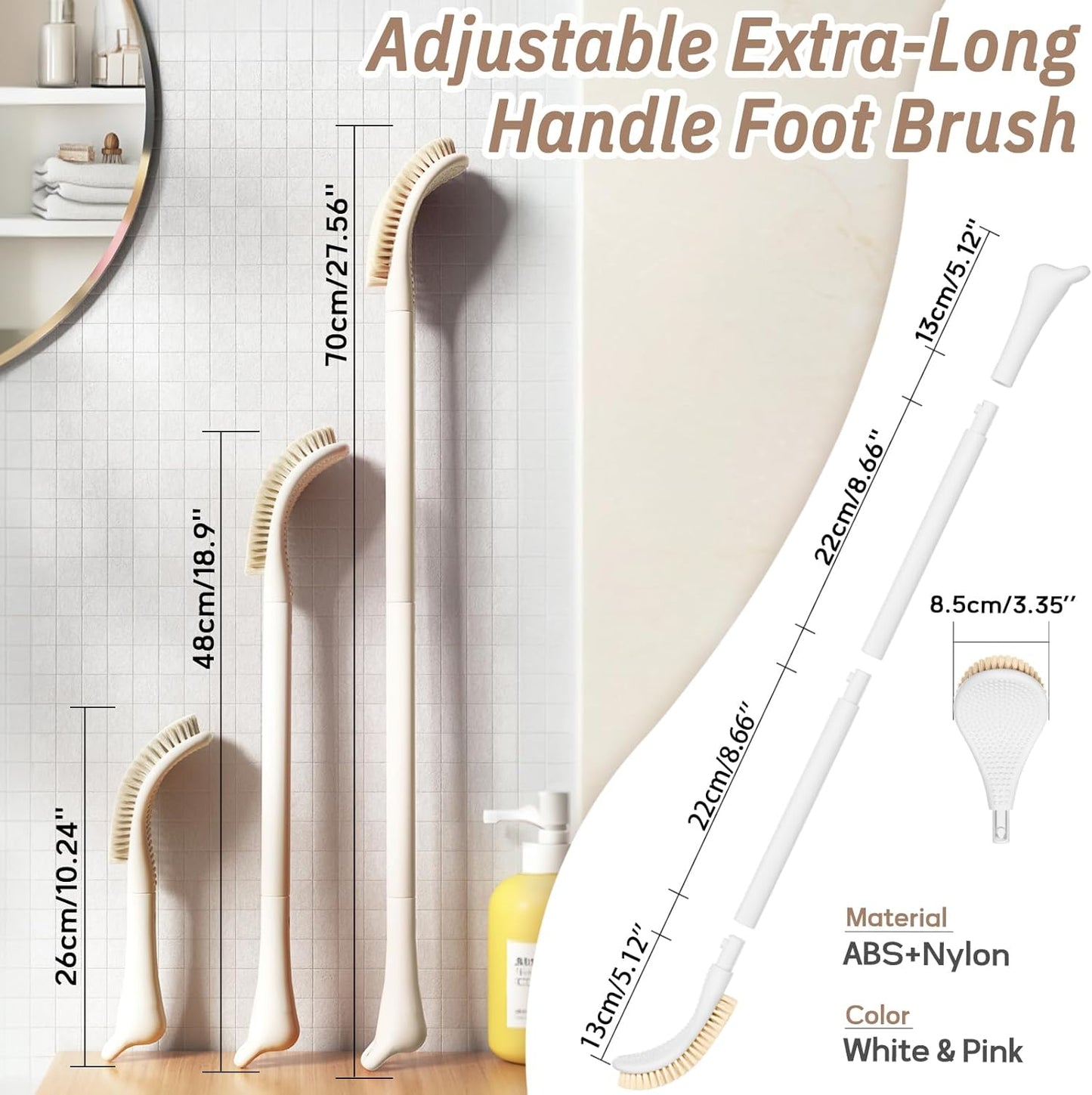 New Foot Brush & Foot File Set(2PCS), 3-in-1 Foot Scrubber in Shower, 10.2’’-27.5’’Adjustable Long Handle Foot Scrub Brush and Upgrade Foot File Callus Remover, Gift-Box Packed(Pink Set)