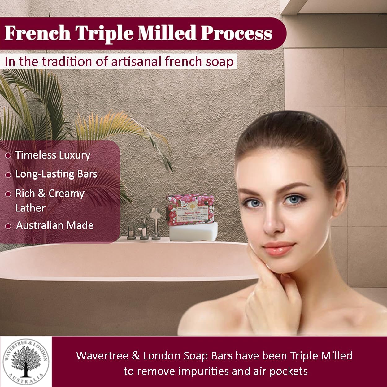 Wavertree & London Japanese Plum Scented Natural Soap Bar, 7oz Moisturizing French Triple Milled Soap Bar for Women & Men