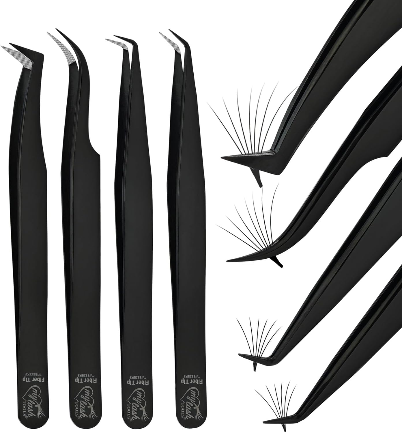 Fiber Tip Lash Tweezers for Lash Extensions, Precision Boot Volume Eyelash Extensions Tweezers Japanese Steel Curved & Isolation fiber grip tweezers pinzas para pestaas (4pcs Set)
