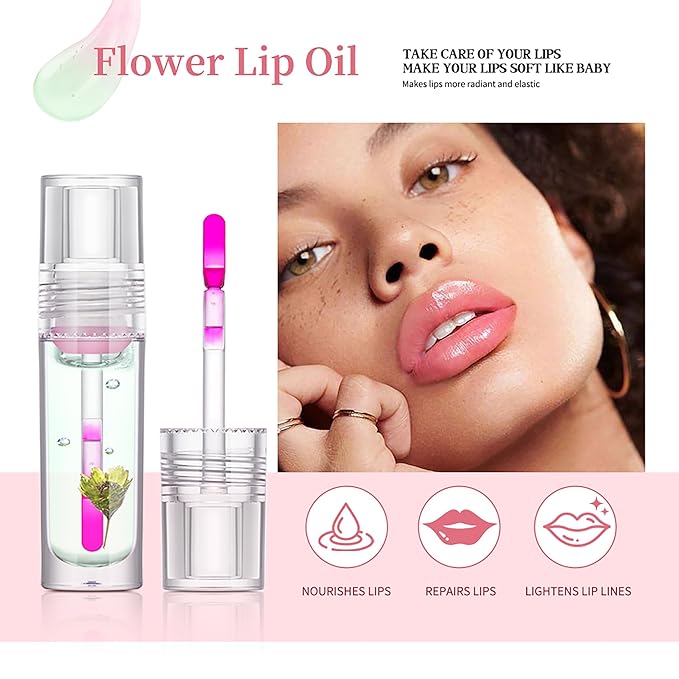 Flower Lip Oil, Hydrating Lip Glow Oil, Plumping Lip Oil, Non-Sticky Long Lasting Lip Oil Gloss, Transparent Lip Oil Tinted, Lip Plumper Gloss, Moisturize your lips and Reduce lip lines (01)