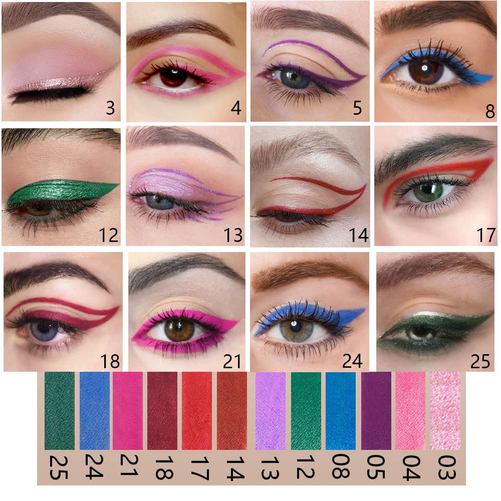 Kaely 12Pcs Glitter Gel Eyeliner Pencil Set for Women, Color Colorful Eye Liner Waterproof Smudge Proof, High Pigmented Eye Makeup Liners, lapiz de ojos delineador de ojos contra el agua, 02
