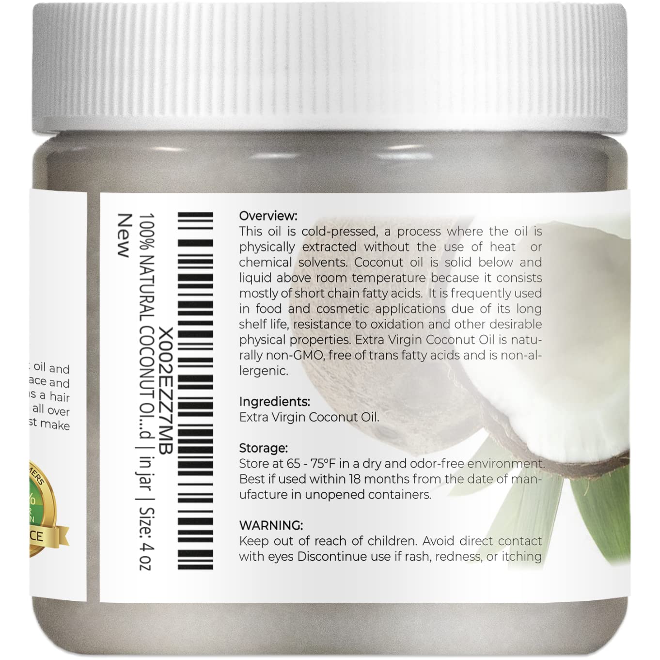 Velona USDA Certified Organic Coconut Oil Extra Virgin - 4 fl oz | Food and Cosmetic Grade | in jar | Extra Virgin, Cold Pressed