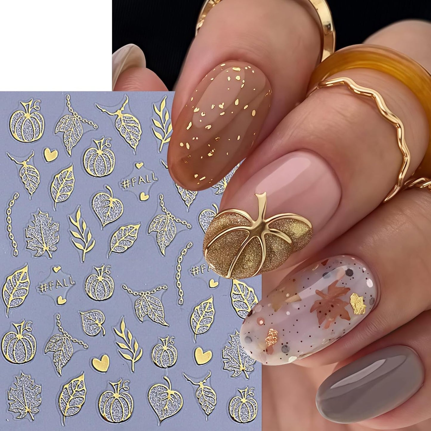8 Sheets Halloween Nail Stickers Nail Decals 3D Self-Adhesive Glitter Pumpkin Ghost Nail Supplies Gold Heart Spider Web Bat Black Leaf Nails Design Nail Decor for Halloween Party DIY Manicure Supplies