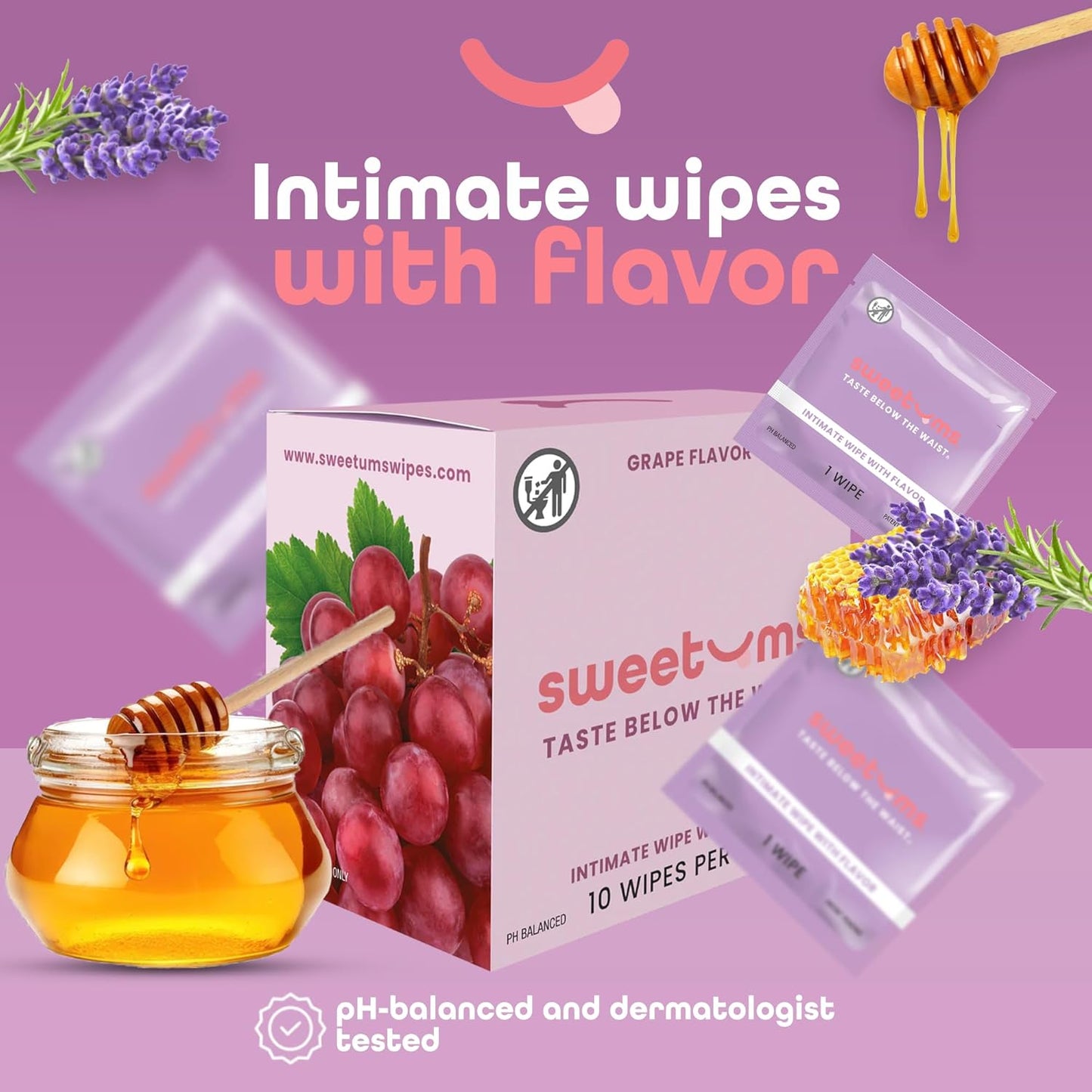 Flavored Feminine Wipes For Women, Individually Wrapped - pH Balanced Wipes - Honey Lavender, Pack of 10