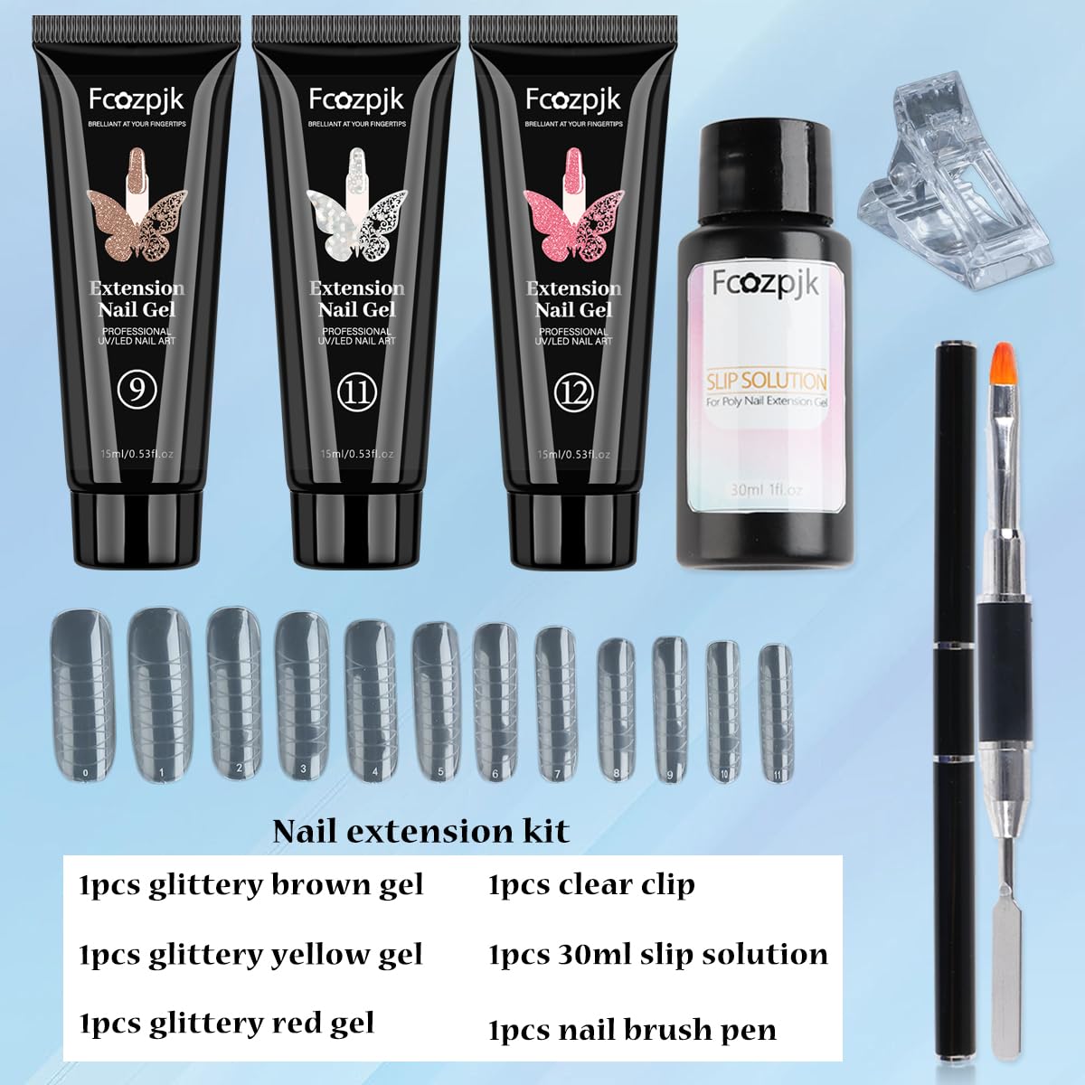 Poly Gel Nail Kit - Wine Red, Brown & Iridescent Builder Gel With Chunky Glitter - Slip Solution, Dual Nail Forms & Clips - Home Manicure Starter Kit