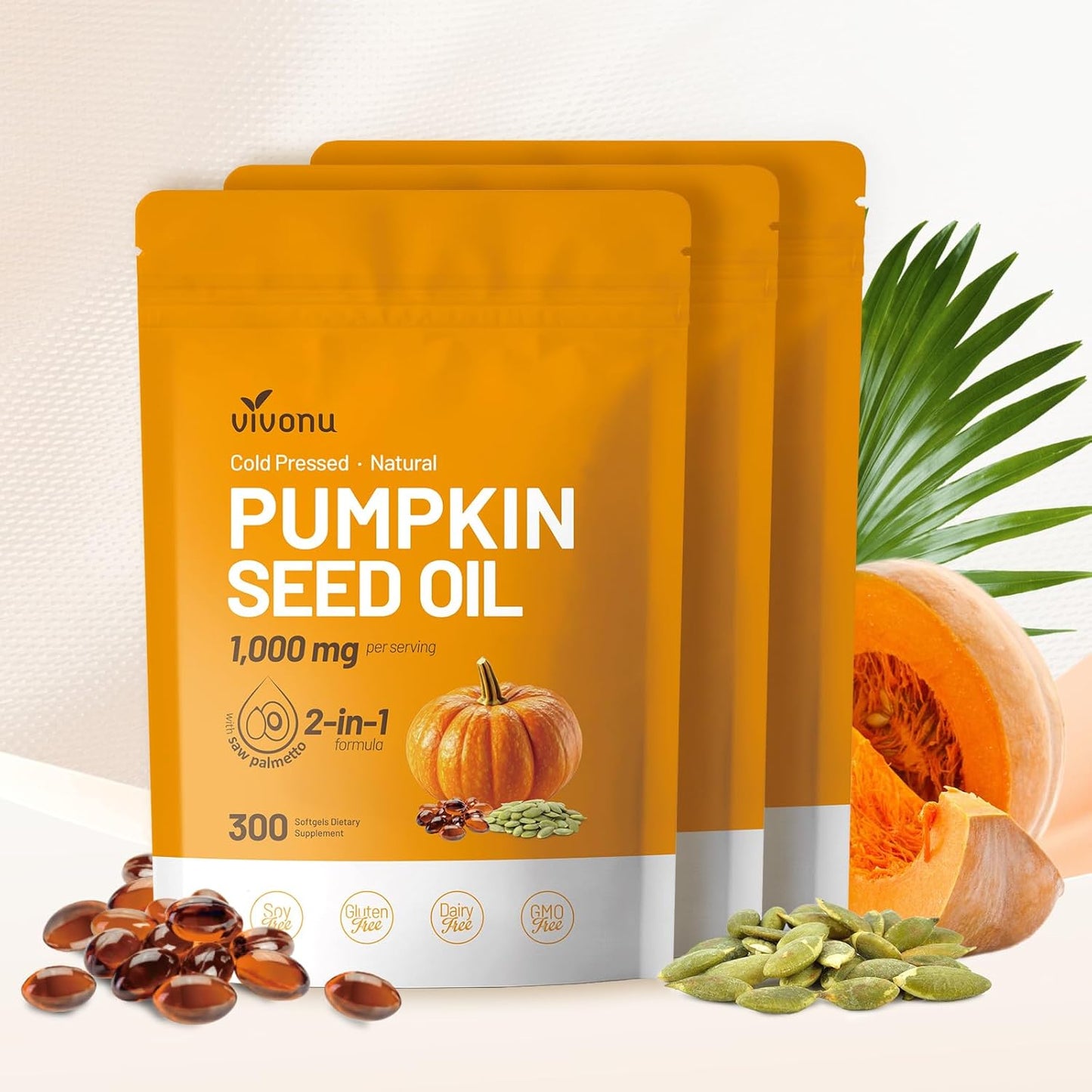 Pumpkin Seed Oil with Saw Palmetto Capsules | Cold Pressed, Pure Virgin Oil, Essential Fatty Acids & Phytosterols | 300 SoftgelsSupports Hair, Urinary, Bladder & Prostate Health, Non-GMO