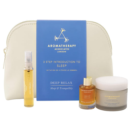 Aromatherapy Associates 3 Step Introduction to Sleep. Luxurious Gift Set Includes Deep Relax Bath and Shower Oil, Sleep Mist and Body Butter in a Vegan Leather Travel Bag (1 count)