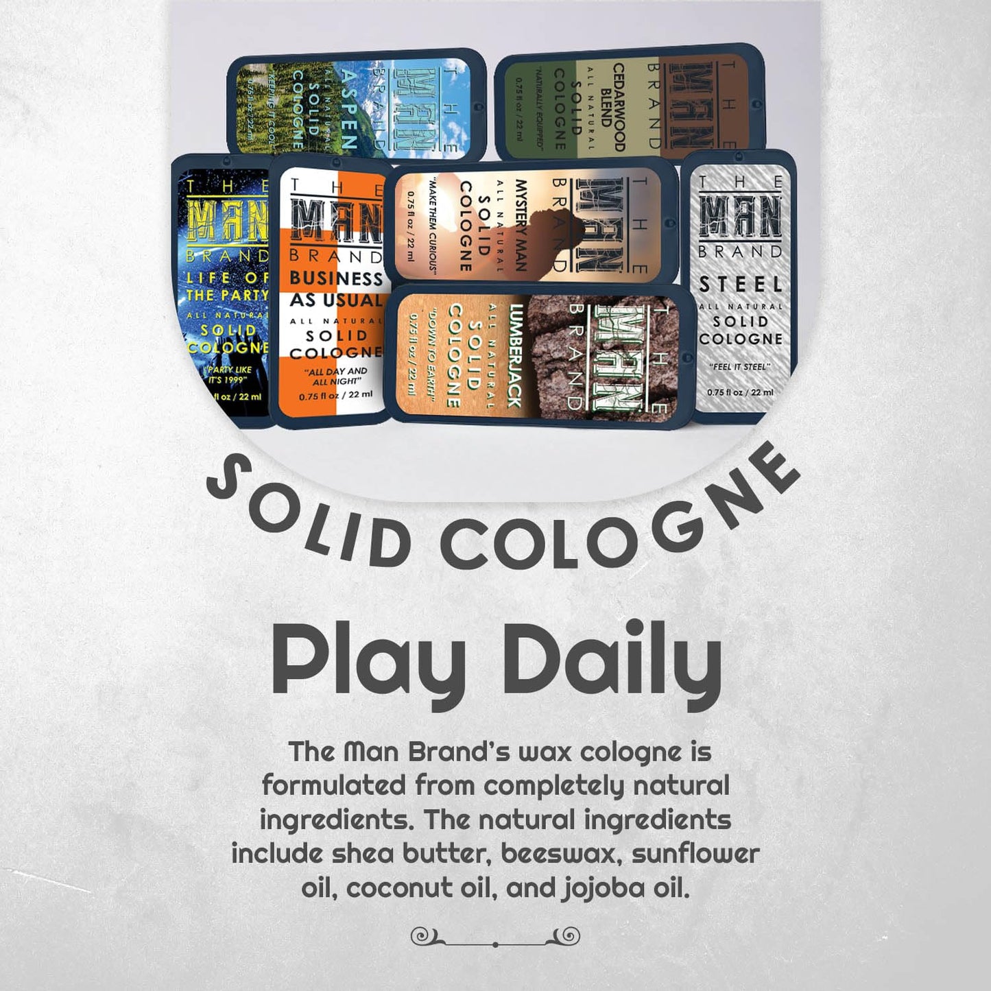 Mens Sample Solid Cologne Pack with Aspen, Lumberjack, Cedarwood Blend, Mystery Man, Life of the Party, Steel, and Business as Usual (Play Daily Solid Cologne Sampler Set - 7 Pack - 0.75 oz each)