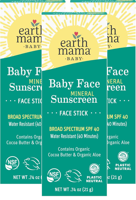 Earth Mama Baby Face Mineral Sunscreen Stick SPF 40 | Non-Nano Zinc, Natural Water Resistant Sun Cream for Babies, Kids & Adults 0.74-Ounce, 3-Pack
