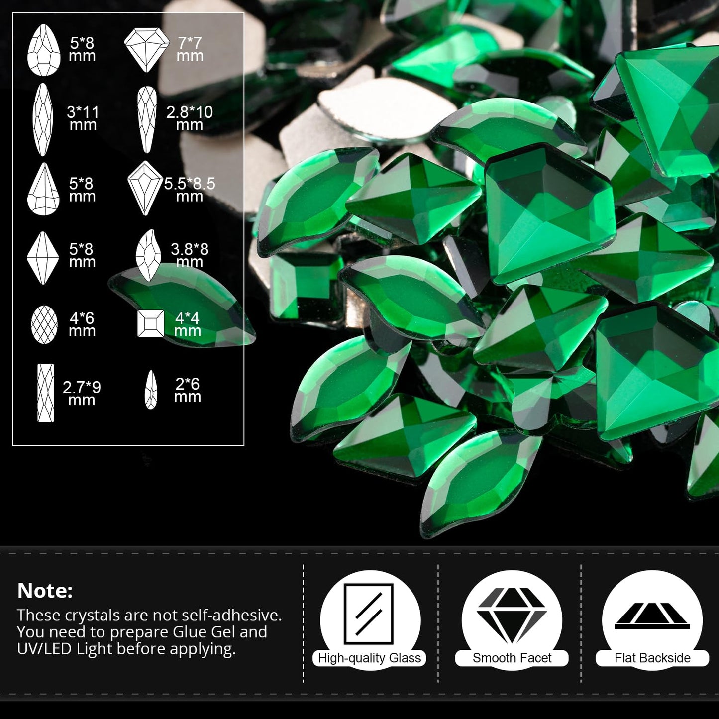 Rhinestones for Nails, Manicure Kit with Nail Rhinestone Glue Gel, Multi Shapes Dark Green Glass 3D Nail Charms + Flatback 2-5mm Round Beads & Gem Glue for Nails (UV/LED Needed) with Dotting Tools