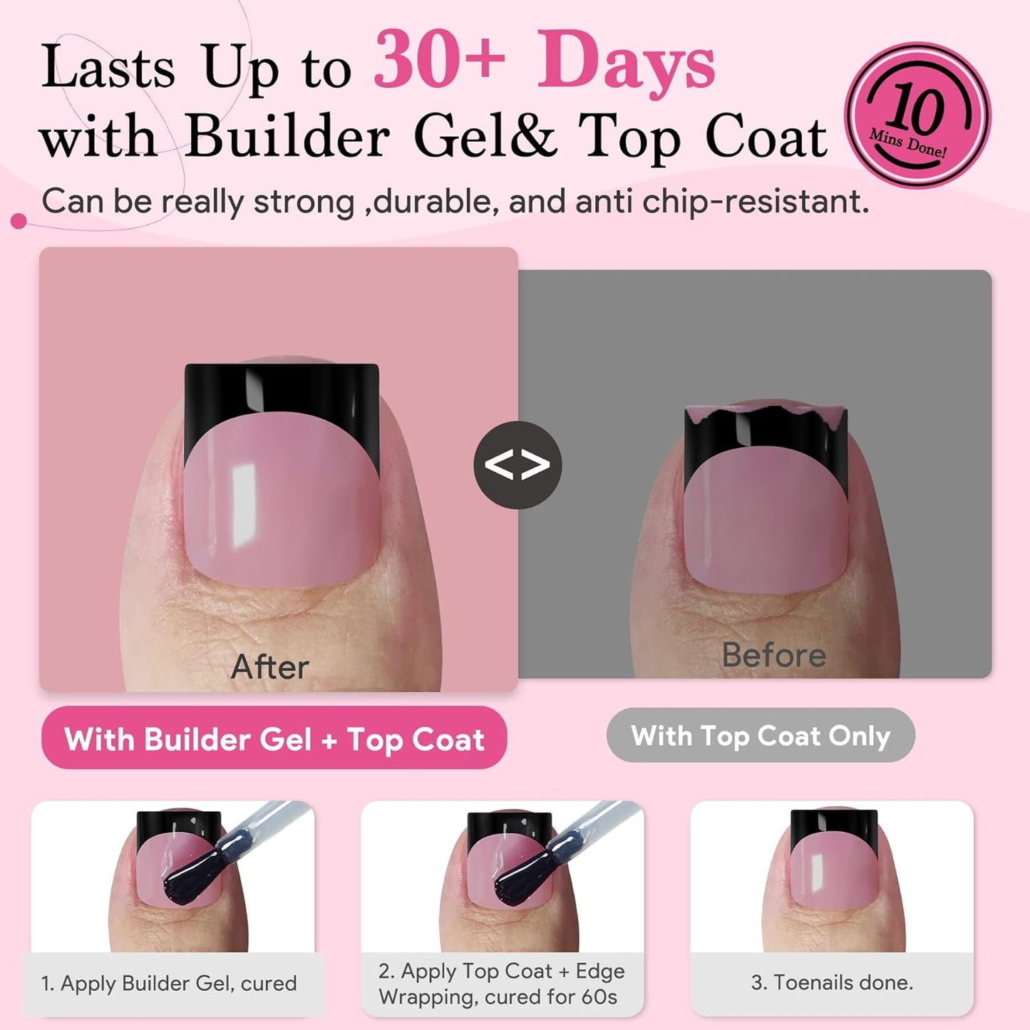 Toenail Press Ons French Tip, Berry Pink Black Elegant False Toe Nail Extension 15 Sizes 270 Pcs Sharp Square Acrylic Tips Pre-applied Nail Primer & Base Coat Full Cover for DIY Home 2025 Summer