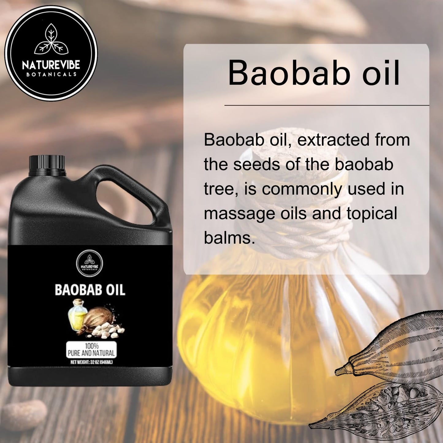Naturevibe Botanicals Baobab Oil 32 Ounces | 100% Pure and Natural | Great for Skin Care and Hair Care