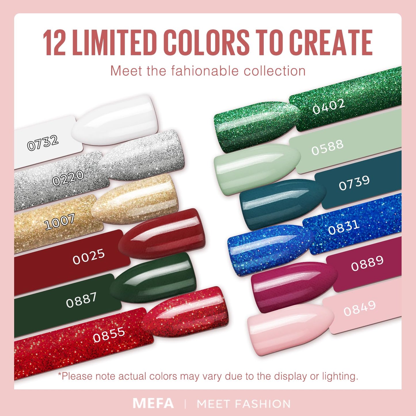 MEFA Glitter Gel Nail Polish Set, 12 Colors Burgundy Red Dark Green Glitter Gel Polish Silver Gold Sparkle Nail Polish Manicure All Seasons Soak Off DIY Salon Gifts for Women