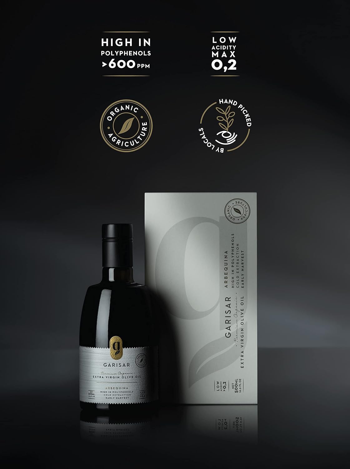 Garisar High In Polyphenol Premium Extra Virgin Olive Oil (>600 ppm), Low Acidity (Max 0.2%), NYIOOC 2025 Gold Medal Winner, Organic Agriculture Hand Picked, Cold Pressed, 100% Arbequina - Pack of 1