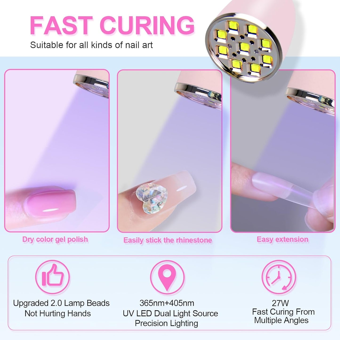 U V LED Nail Lamp, Goose Neck Flash Cure Lamp 27W Rechargeable Mini U V Light for Gel Nails, Cordless Flash Cure Light with 3 Timers&Sensor, Fast Curing Gooseneck Lamps for Gel X, Pink