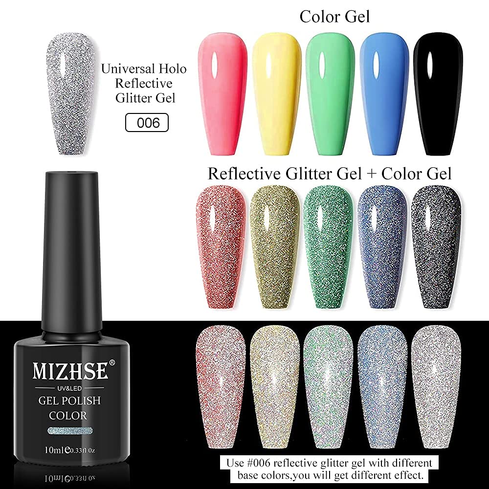 MIZHSE Reflective Glitter Gel Nail Polish, Silver Nail Gel Sparkly Shiny Gel Polish, Soak Off Nail Art Salon Varnish for Beginners Manicure DIY at Home