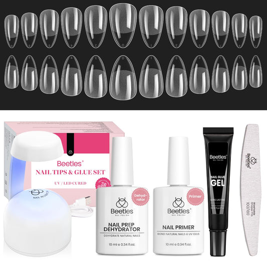Beetles Gel Nail Kit Short Almond with Nail Dehydrator and Primer, 576Pcs Half Matte Etch-X Gel Nail Tips Solid Nail Glue Mini Nail Lamp Acrylic Nail Tips Easy DIY Nail Extension Set Gift for Women