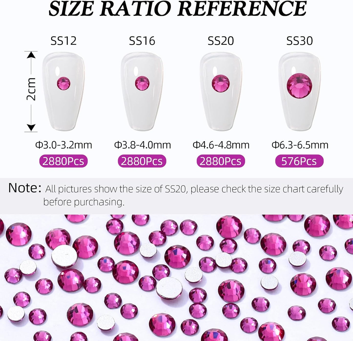 Fuchsia Flatback Rhinestones, Glass Rhinestones for Nail Art and Craft, Glue Fix, Loose Crystal Gemstones(Fuchsia, SS30, 576pcs, 6.4-6.6mm)