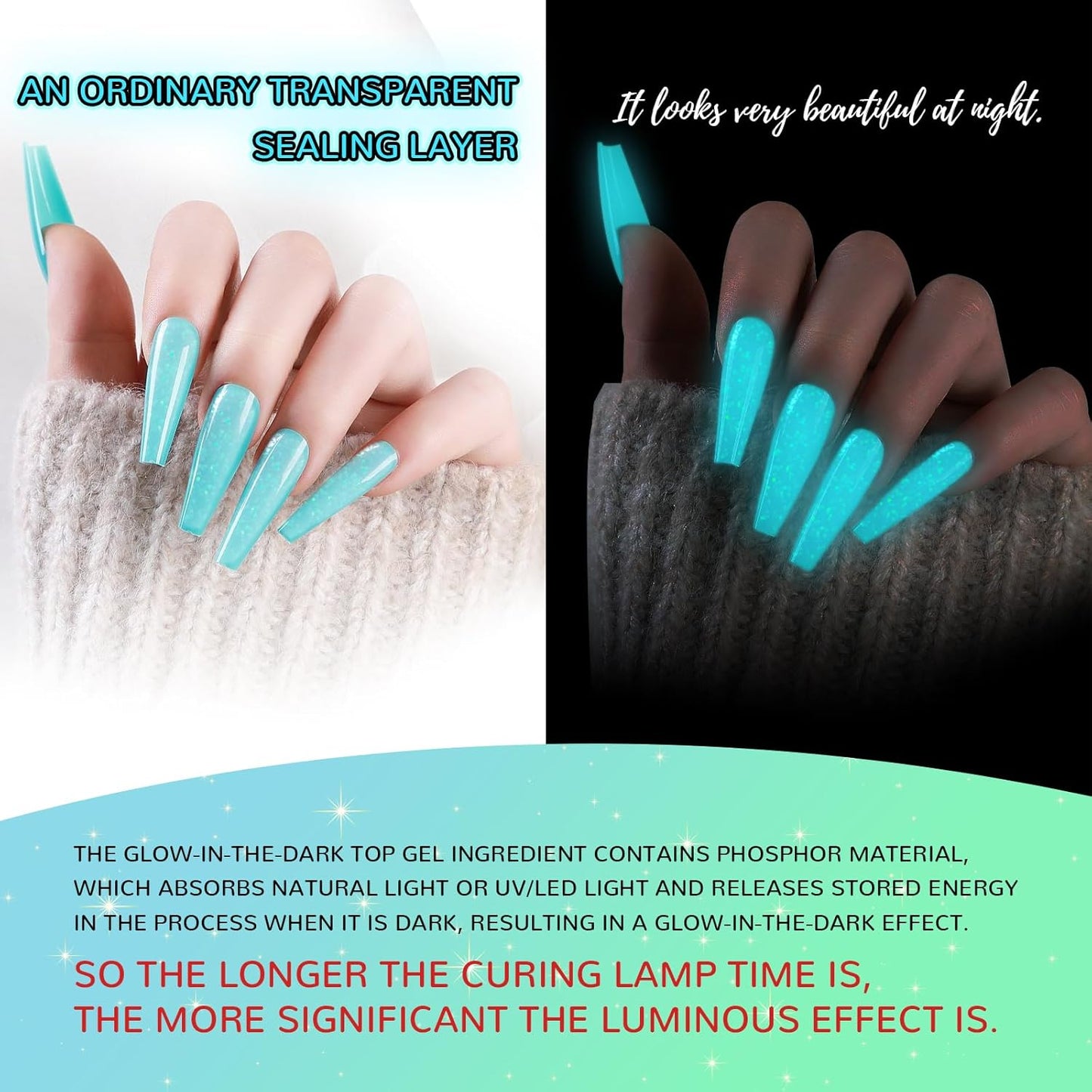 Glow In The Dark Gel Polish - Glitter Luminous Blue Nail Gel Top Coat with Fine glitter decoration No Wipe Long-lasting Transparent Glow UV LED Needed, Perfect for Any Festival Halloween