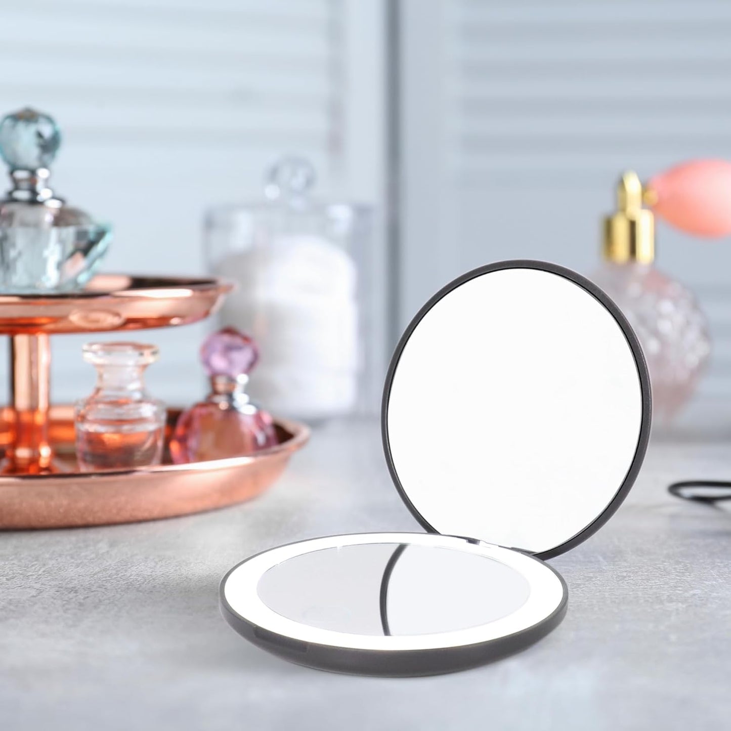 LanJo Lighted Compact Mirror with 1X/5X Magnification, Stepless Dimming & 3 Adjustable Light Settings, Rechargeable Makeup Mirror for Purse, Travel & Gifts – Fire Sign Zodiac Design – Charcoal Grey