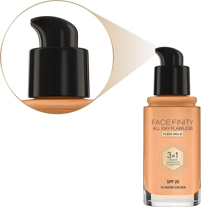 Max Factor Facefinity 3-in-1 All Day Flawless Liquid Foundation, SPF 20-76 Warm Golden, 30 ml