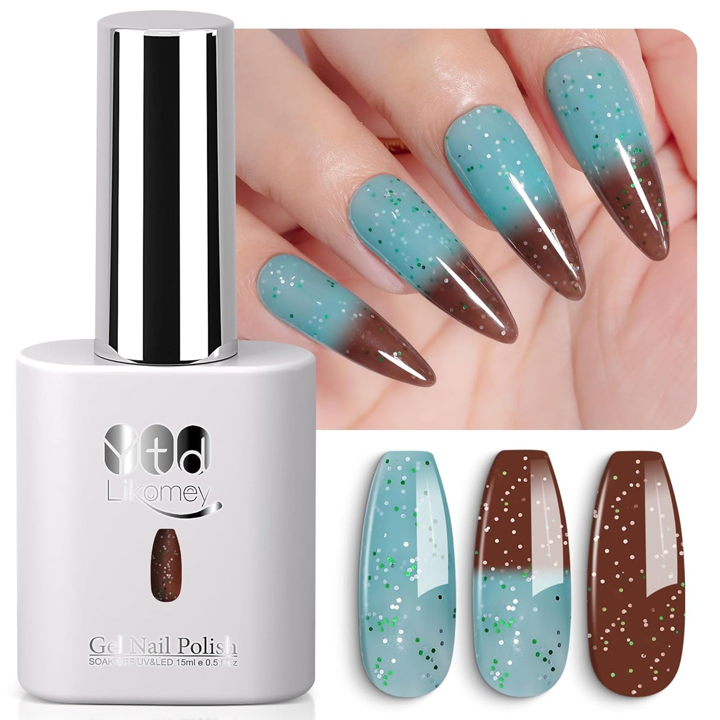 YTD Likomey Color Changing Gel Nail Polish,15ml Turquoise To Brown Shimmer Glitter Mood Temperature Change Colors UV Nail Gel,Fall Winter Thermal Ombre Manicure Varnish,WB430