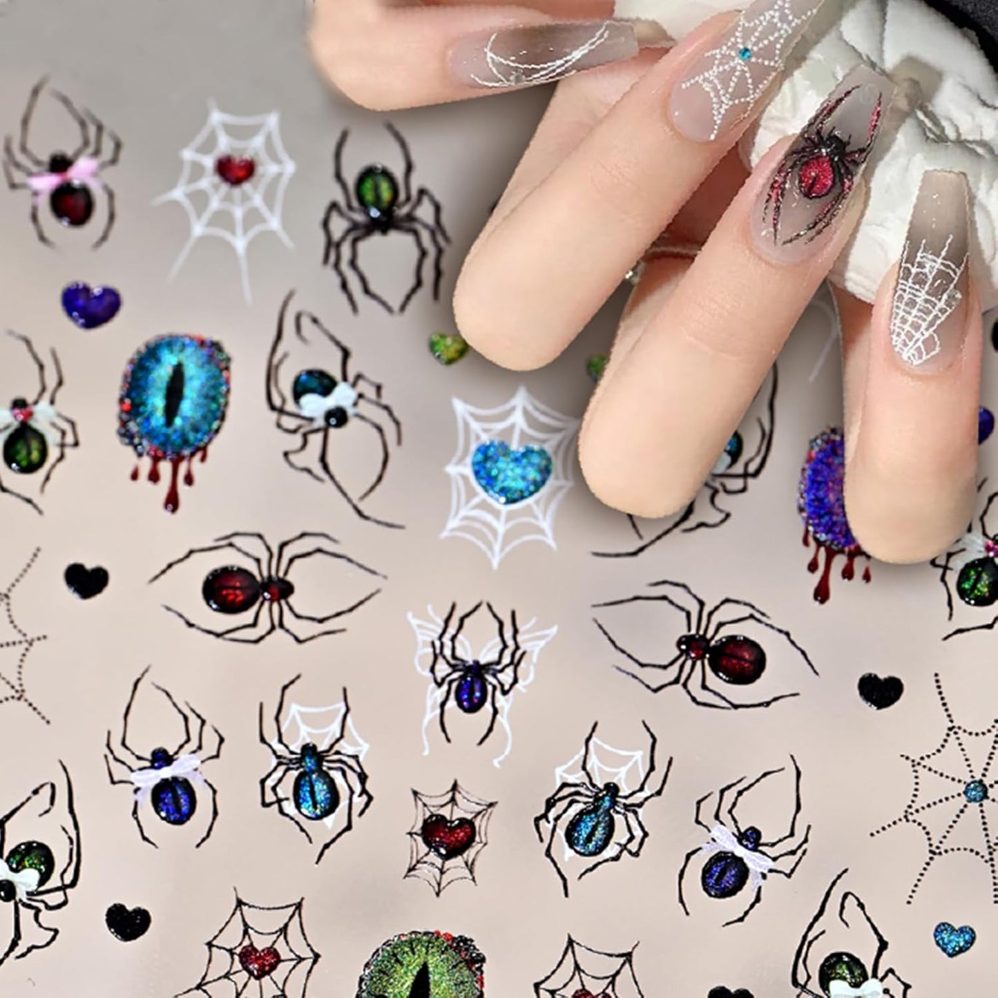 5D Embossed Spider Nail Art Stickers Halloween Nail Stickers Sparkling Eyes Spider Web Nail Decals Gothic Design Manicure Decoration for Women Girls Holiday Nail Supplies 1 Sheets