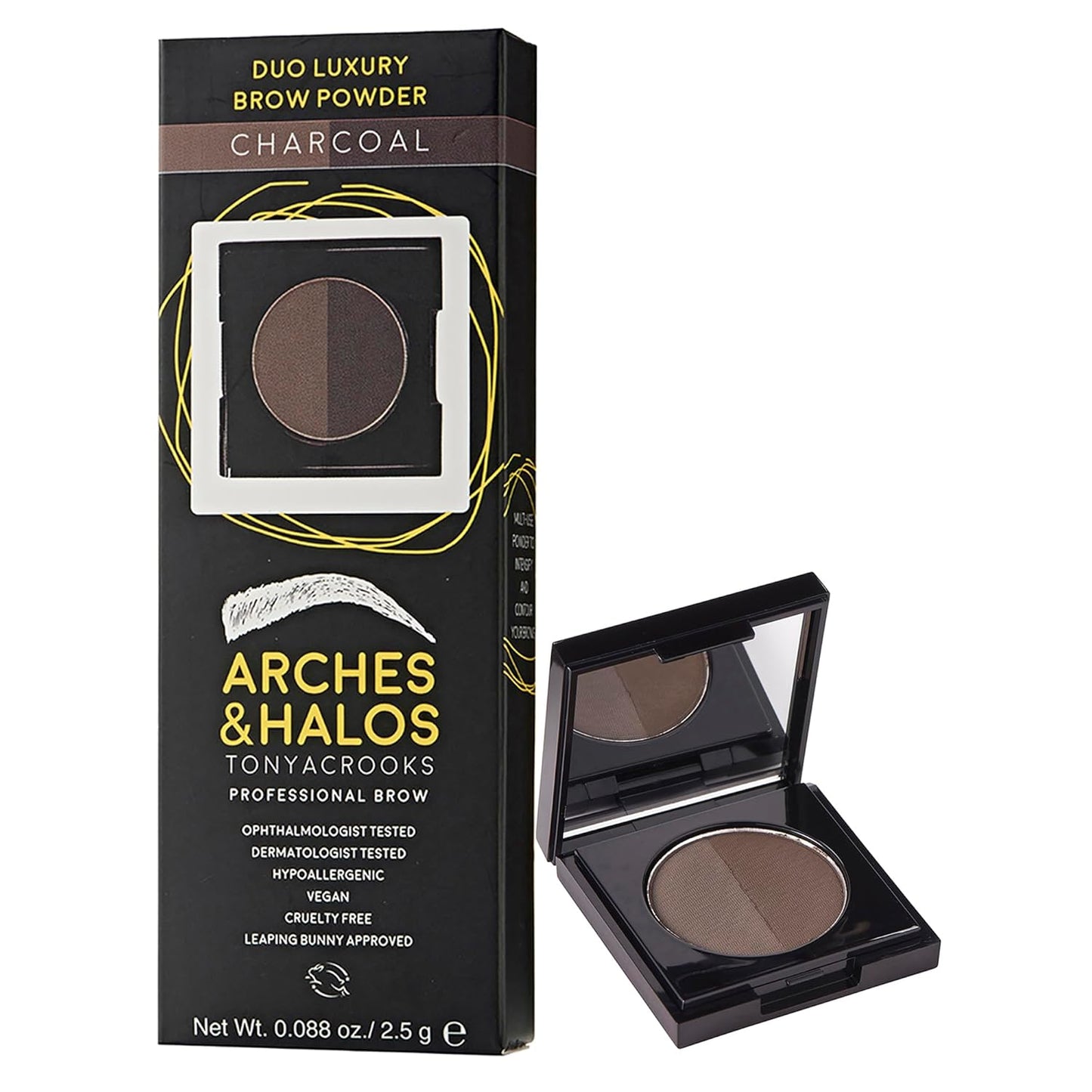 Arches and Halos Duo Luxury Brow Powder - Eyebrow Shaper and Color - Powder Compact with 2 Neutral Shades - Vegan - Charcoal - 0.1 oz