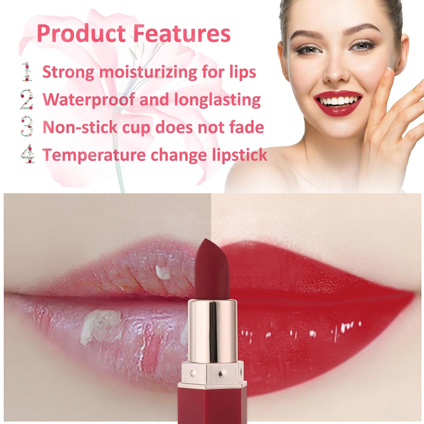 1 Pack Crystal Flower Jelly Lipstick,Magic Color Changing Lipstick,PH Clear Temperature Color Changing Lip Gloss,Lip Balm,Long Lasting Nourishing Moisturizing Lip Stick Set H04