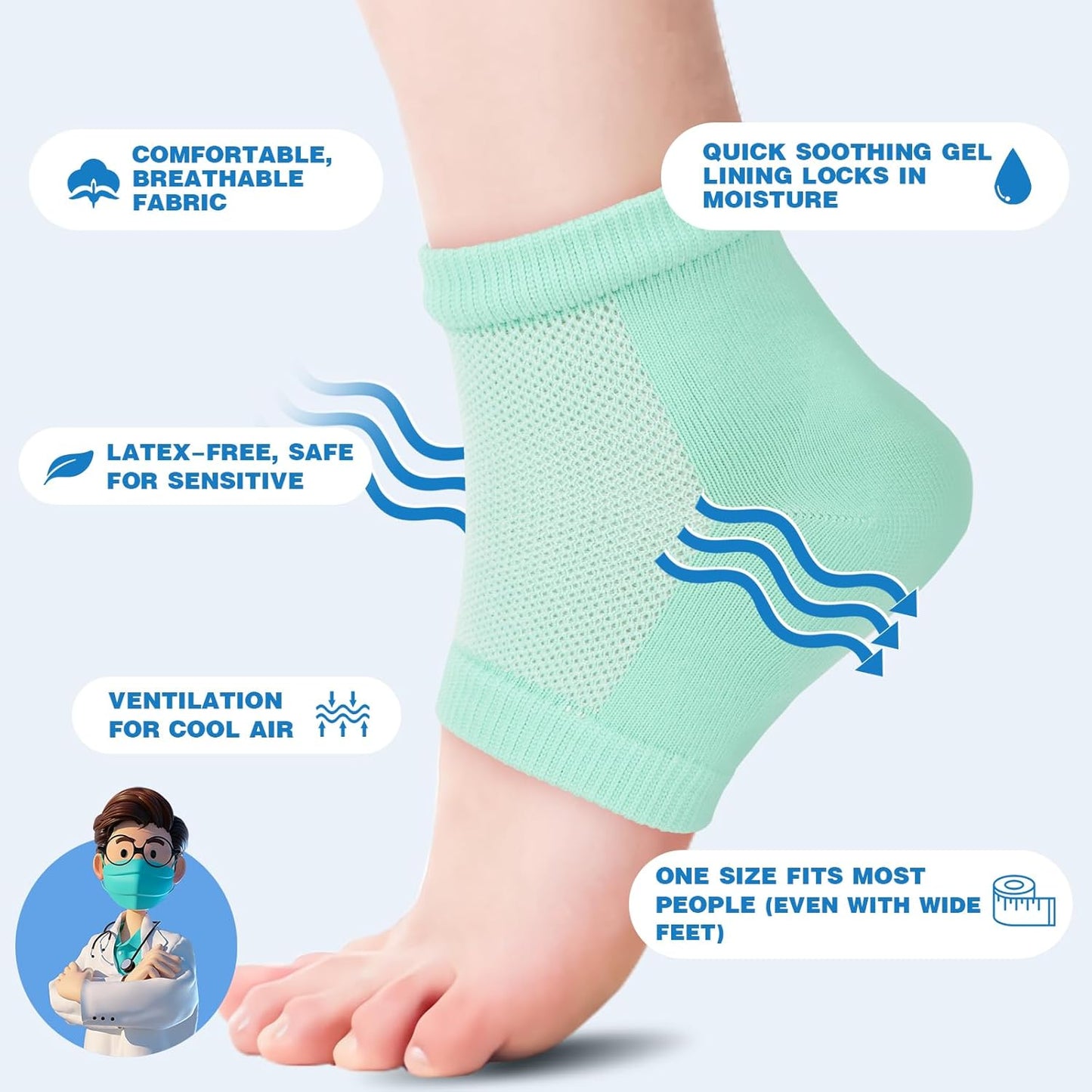 Moisturizing Heel Socks - 6 Pairs for Dry Cracked Feet, Toeless Gel Socks for Hydration and Repair