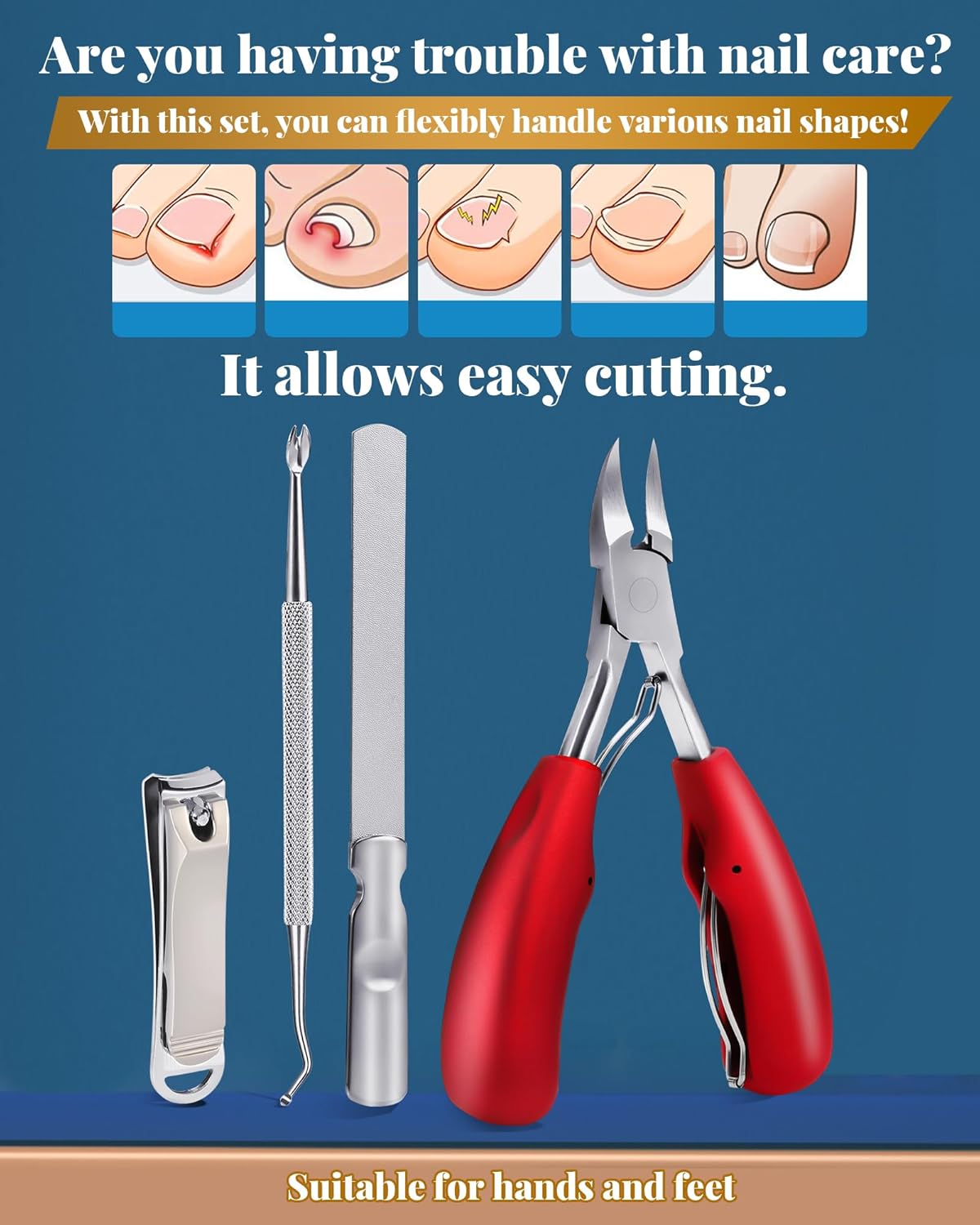 Nail Clippers Set,Toe Nail Clippers for Ingrown & Thick Toenails,Toe Nail Clippers for Thick Nails for Seniors Men Women,Professional Heavy Duty Toenail Clippers with Stainless Steel 4Pcs (red)