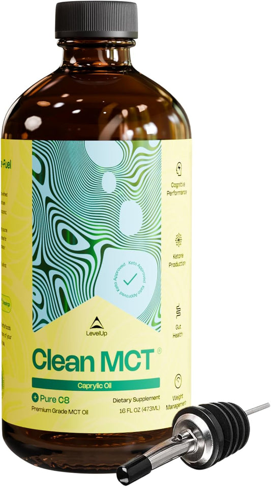 LevelUp Clean MCT Oil - 100% Caprylic C8 for Energy, Focus, Weight Management, Gut Health, Brain Superfuel - Keto Supplement for Ketogenic Coffee and Ketones - Non-GMO (16 oz Glass Bottle)