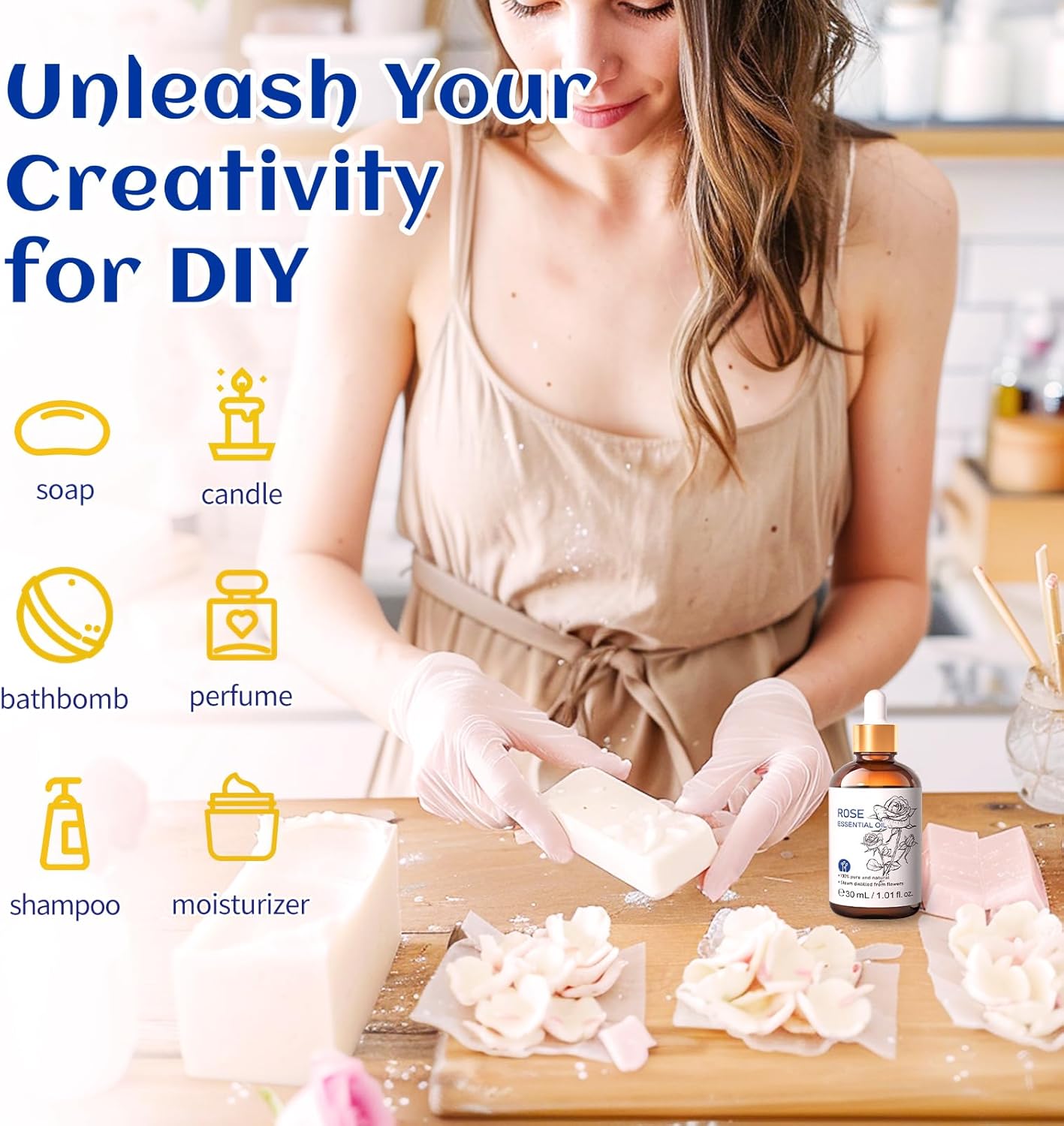 HIQILI Rose Essential Oil 1 Fl Oz, 100% Natural Therapeutic Grade for Aromatherapy, Diffuser, Skin Care, Massage, Includes Premium Quality Glass Dropper