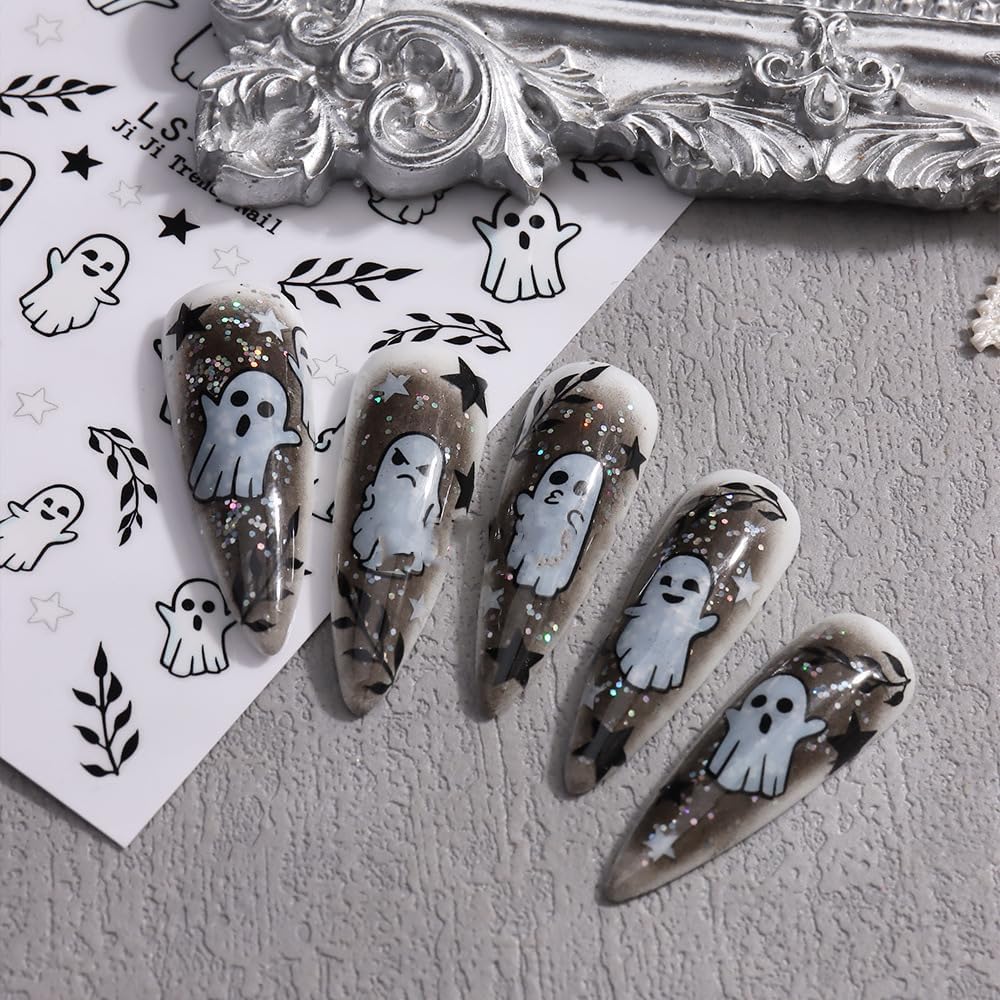 Halloween Nails Stickers Cute Ghost Nails Sticker 3D Embossed Pink Flowers White Ghost Self Adhesive Sticker Nail Decals Black Leaves Nail Art Decal Halloween Decals for Nail DIY Manicure 6Sheet