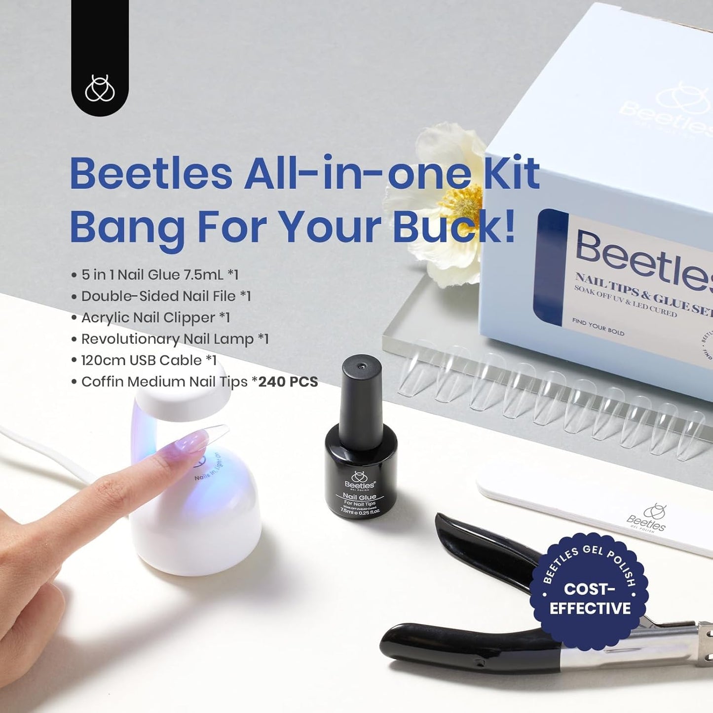 Beetles Soft Gel Nail Kit Medium Coffin Easy Nail Extension Set 5 In 1 Nail Glue Base Coat with Pre shaped Nail Tips and Led Nail Lamp Acrylic Nail Clipper Gifts for Women