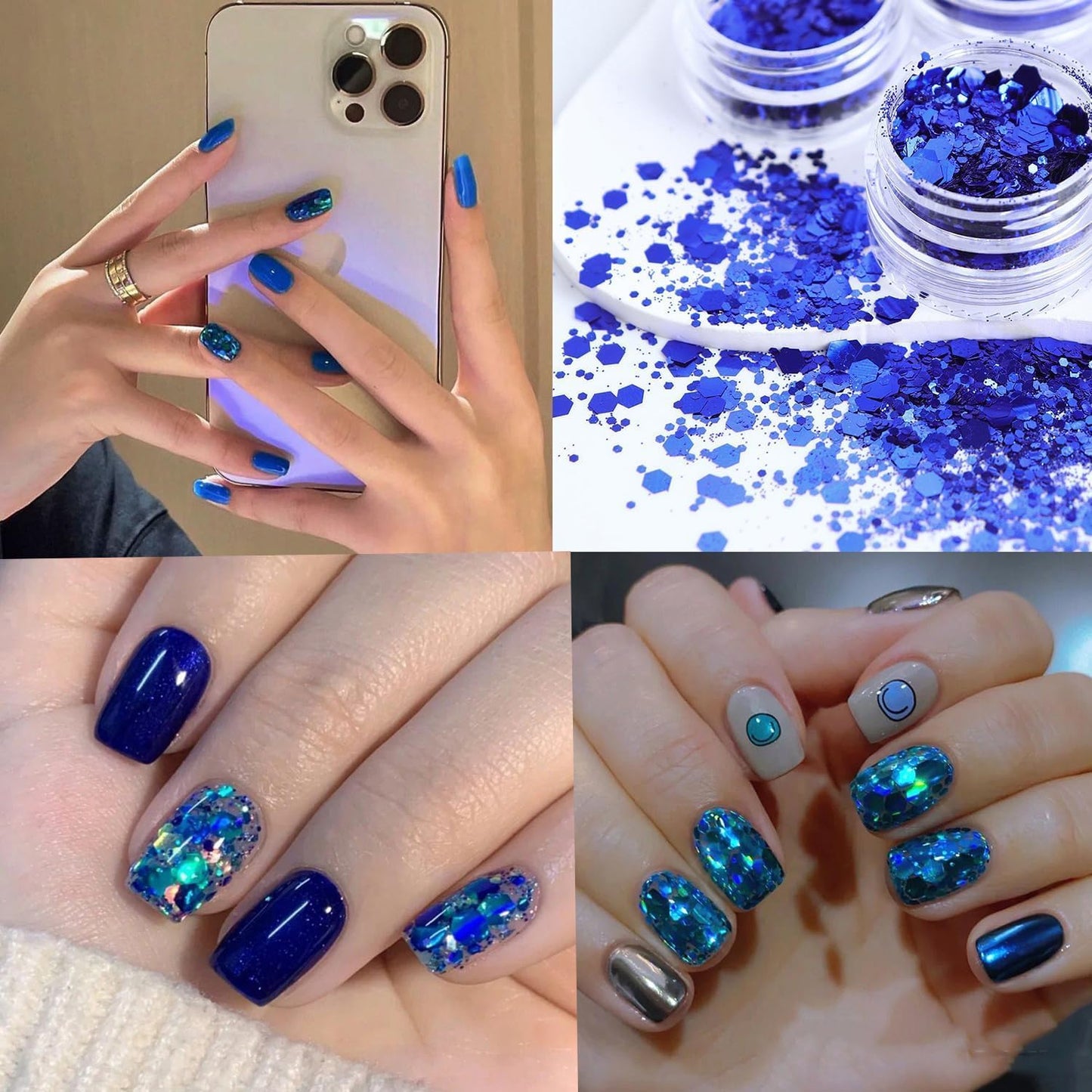 Snowflake Nail Art Glitter Blue Winter Nail Sequins Flakes, Blue Manicure fine Glitter Powder, 3D Holographic Heart Round Hexagon Butterfly Nail Stickers Decals Supplies Nail Charms for Women 6 Box