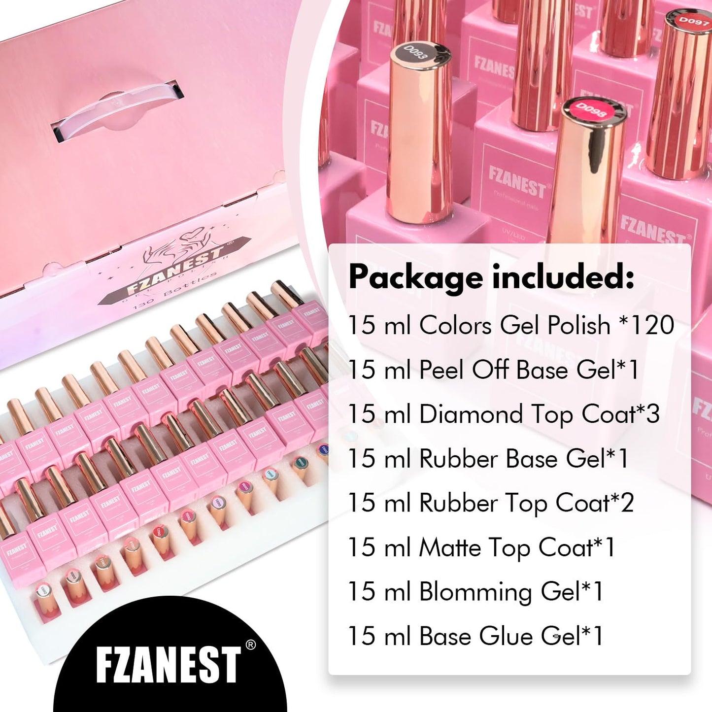 FZANEST 130Pcs 15ml Gel Nail Polish Set With Rubber Base Top Matte Coat 120 Colors Pink Nude Red Blue White All Seasons Gel Polish Kit Nail Art Starter For Nail Salon Home Gifts for Women and Girls