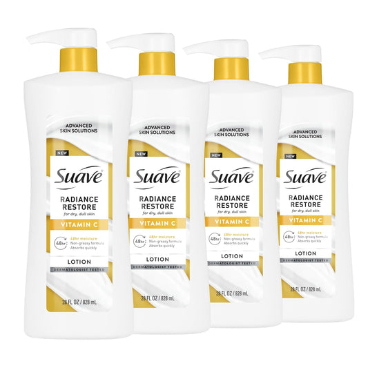Suave Radiance Restore Hand & Body Lotion For Women With Vitamin C, Brighten & Hydrate Dry, Dull Skin, Non Greasy, Moisturizing Cream Evens Skin Tone, Allergen Free, 28 FL OZ Pump, 4 Pack