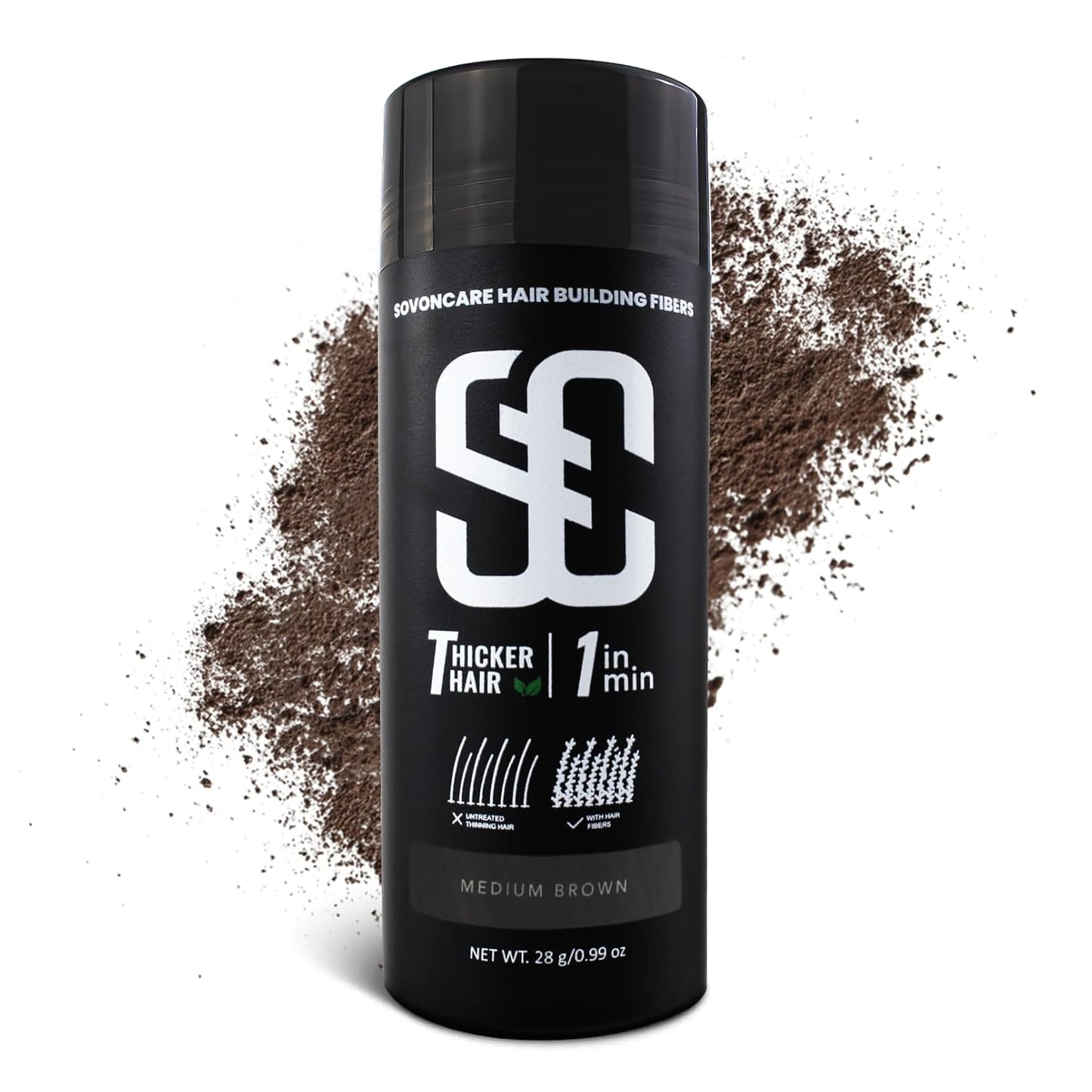SOVONCARE Hair Fibers for Thinning Hair Medium Brown, Hair Building Fibers for Bald Spots Undetectable & Natural, Conceals Hair Loss Fill In Fine Hair Powder Hair Thicker Instantly for Women & Men 28g