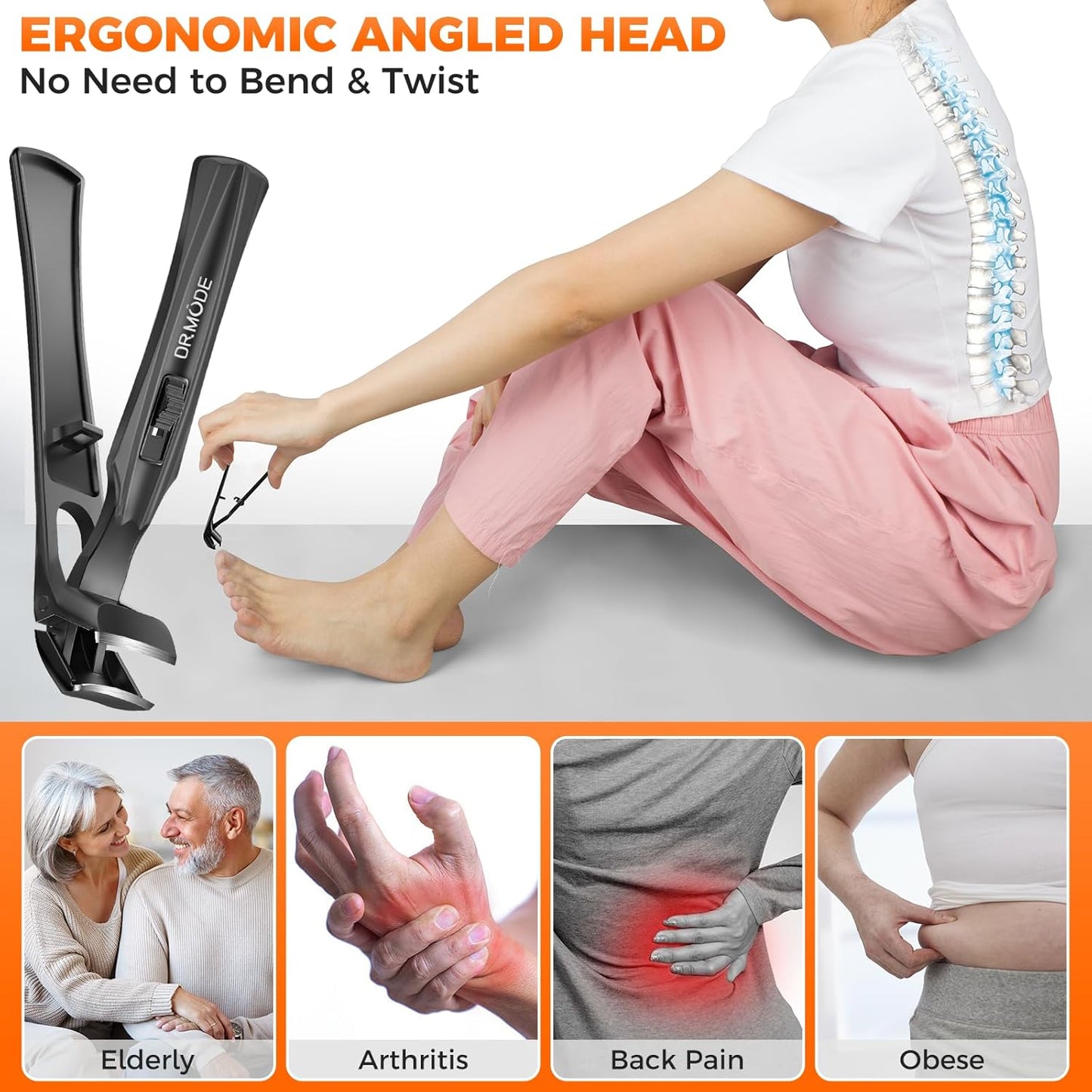 Toenail Clippers for Seniors Thick Toenails, Slanted Large Nail Clippers for Men Thick Ingrown Nails with Wide Opening, Heavy Duty Angled Head Nail Clipper Cutter with Catcher -Black