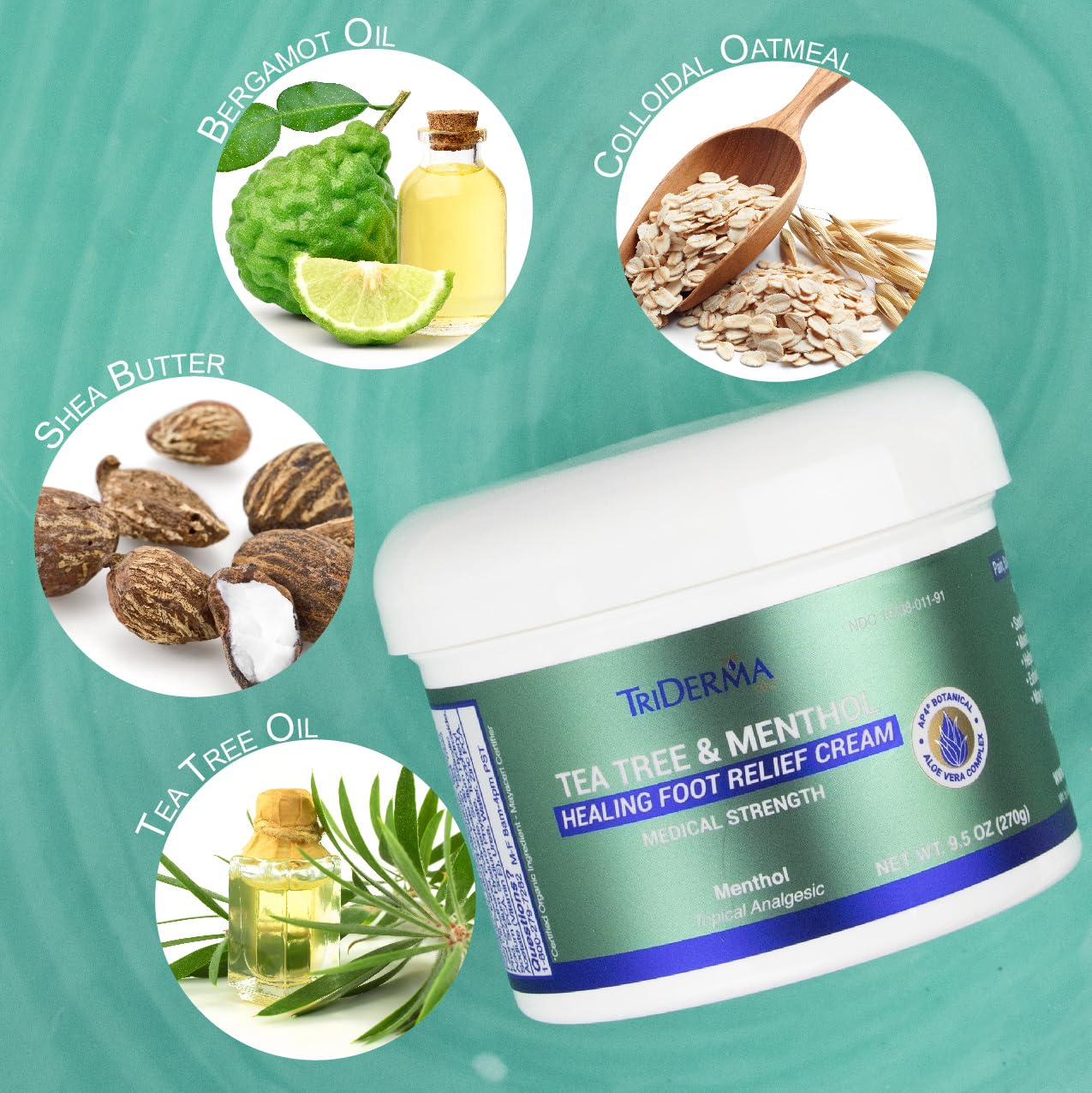 TriDerma Tea Tree Oil Foot Cream for Dry Cracked Feet, Itchy Skin, Tingling & Foot Pain with Menthol, Non-greasy 9.5 oz