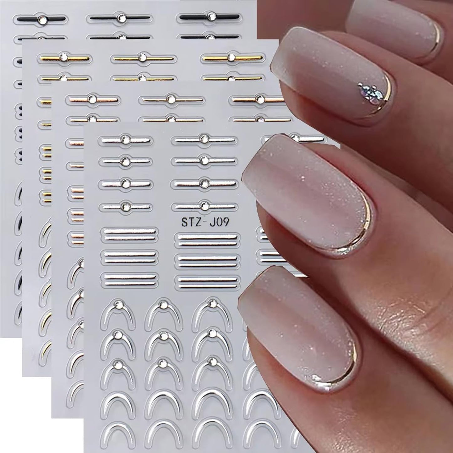 4 Sheets French Stripe Line Nail Stickers with Gold Silver Shiny Crystal Rhinestones,Metallic Stripe Lines Adhesive Design Nail Supplies French Sticker for Women Girls Luxury Manicure Decorations