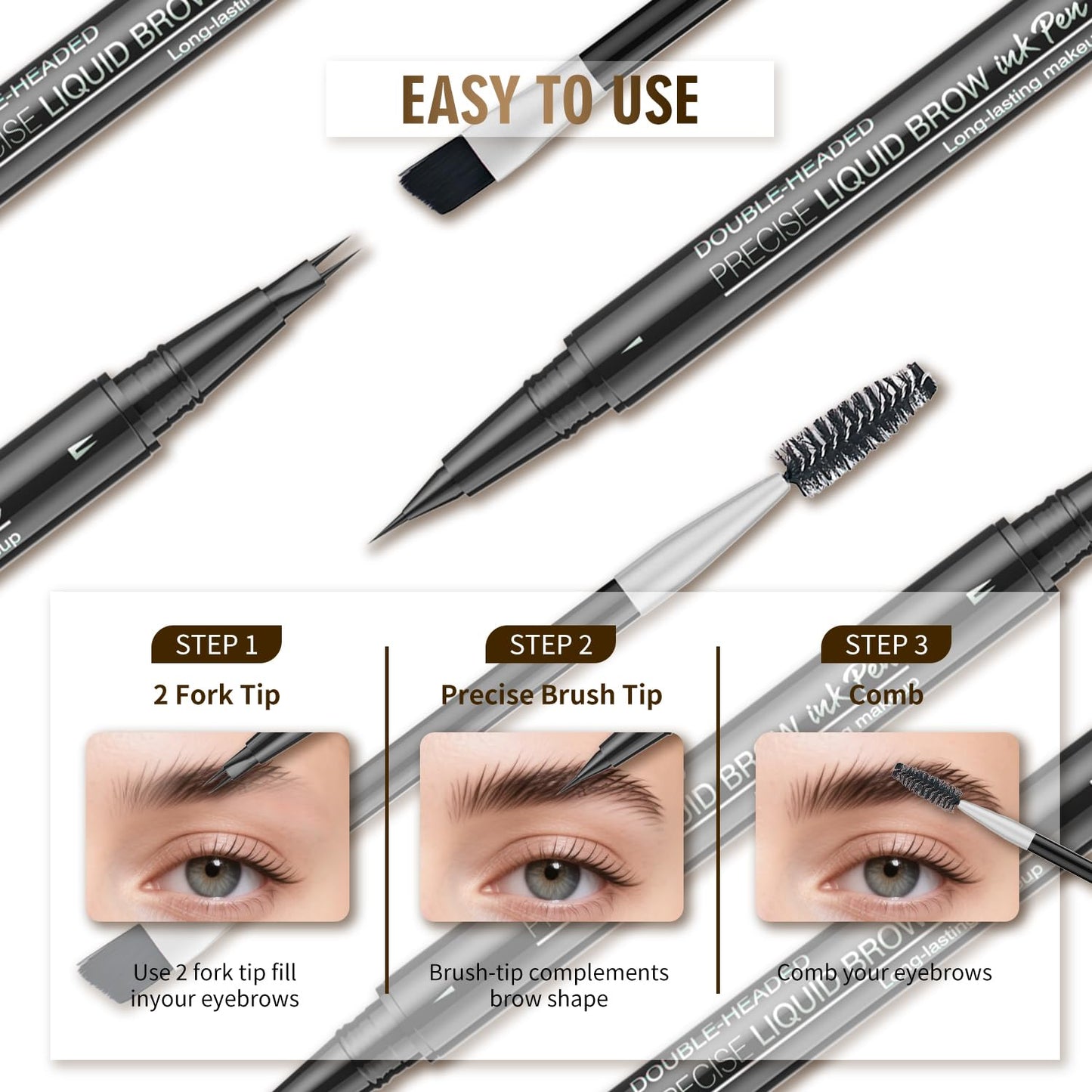Eyebrow Pencil, Eyebrow Pen with Double-Brush Tip 2-in-1 Eyeliner Dual-Ended Microblading Long Lasting Waterproof Hair-Like Brow Pencil with Eyebrow Brush (Dark brown)
