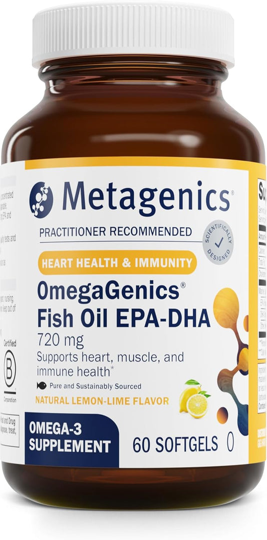 Metagenics OmegaGenics Fish Oil EPA-DHA 720 mg - Omega-3 Fish Oil Supplement - High Potency - for Heart Health, Musculoskeletal Health & Immune System Health* - with DHA & EPA - 60 Softgels
