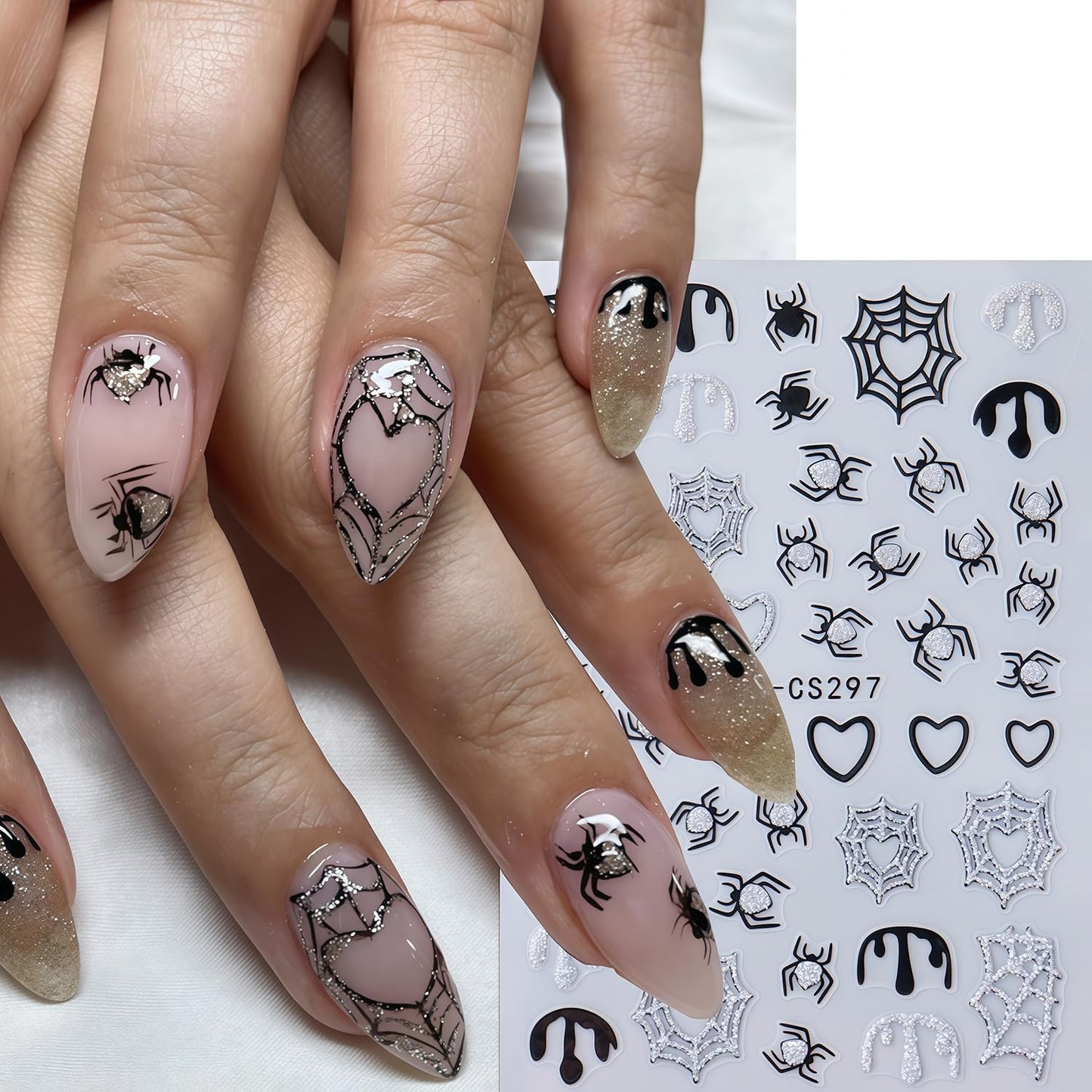 8 Sheets Halloween Nail Art Stickers 3D Self-Adhesive Shiny Gold White Silver Spider Web and Spider with Glitter Nail Art Design Sticker Festival Spiders Nail Stickers for DIY Manicure Decoration