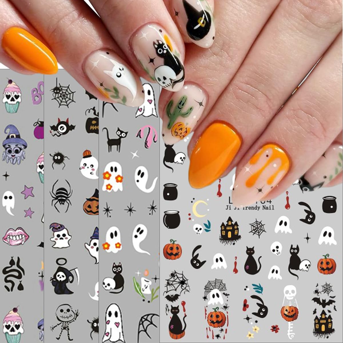 Halloween Nail Stickers for Nail Art, 8Pcs 3D Halloween Nail Art Stickers Cute Cat Ghost Pumpkin Nails Decals Skull Spider Web Bat Design Self-Adhesive Nails Art Supplies for Women DIY Manicure Decor