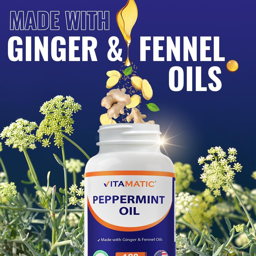 Vitamatic Peppermint Oil Gel with Ginger & Fennel Oils, 550mg per Serving, 180 Softgels