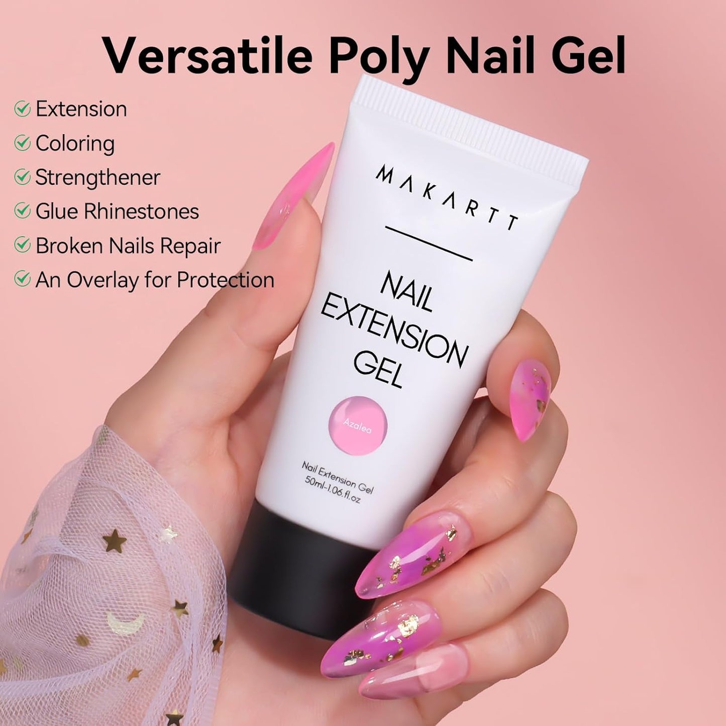 Makartt Poly Nail Gel Kit, 2PCs 50ML Transparent Pink & Hot Pink Colors, Large Capacity Poly Extension Nail Gel Kit, Strong Builder for Extension, 3D Diy Hard Gels Manicures Home Salon